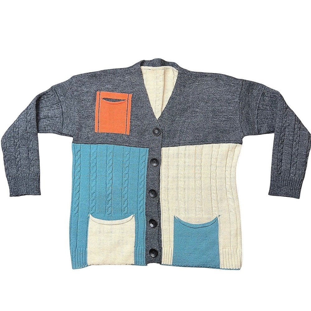 Vincent UFO Colorblock Cable Knit Cardigan Grey Turquoise Cream Button Front